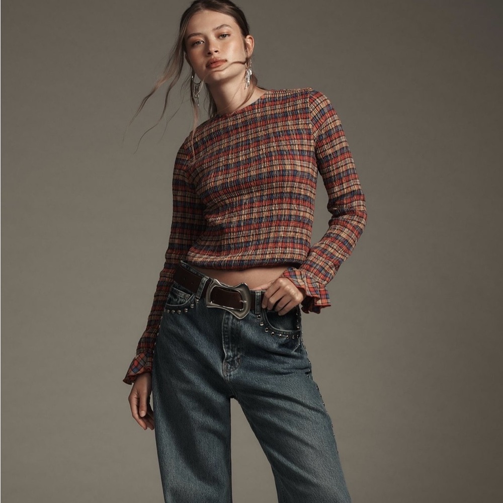 Maeve Dark Blue Wide-Leg Jeans with Silver Stud Belt Accents